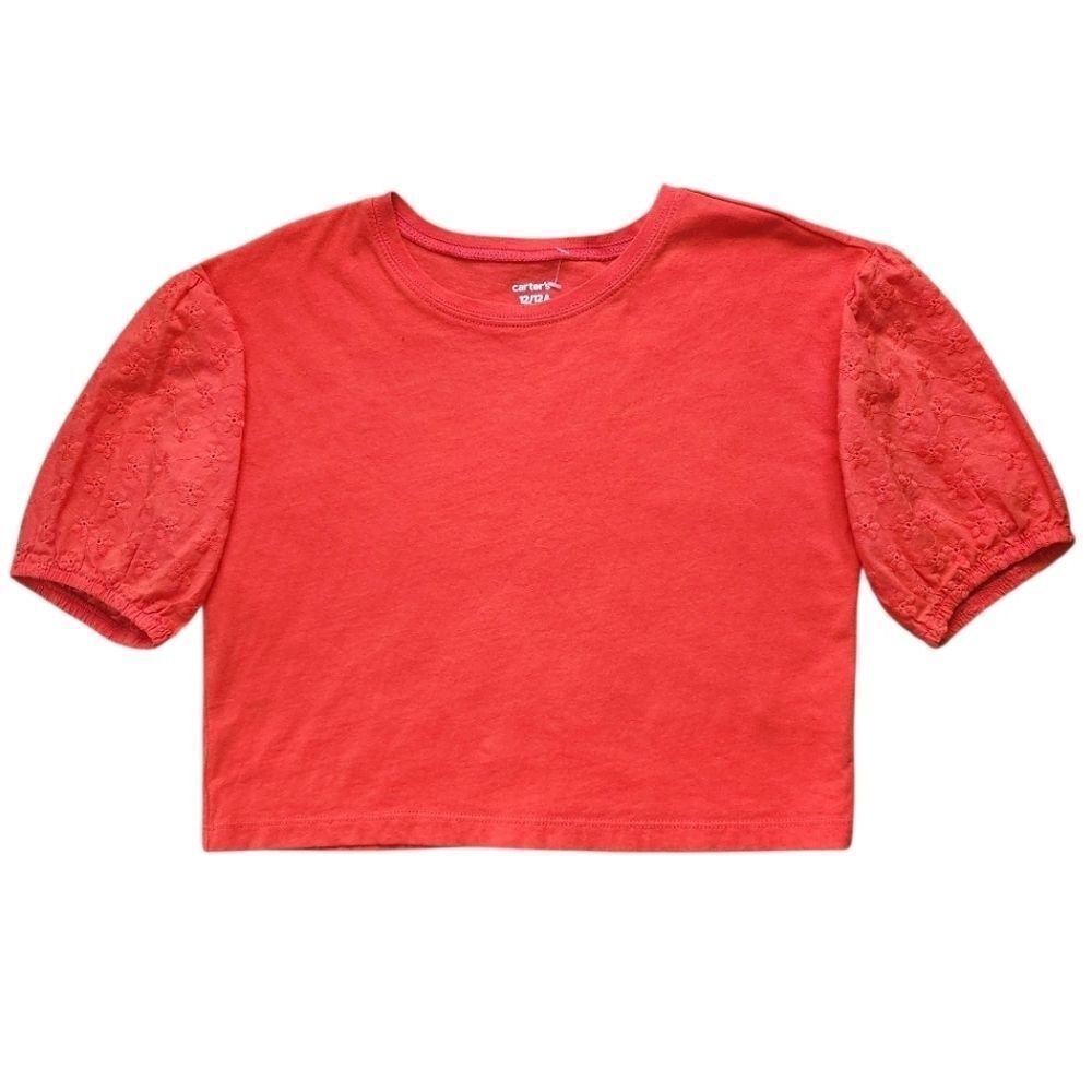 Carter's Kids Girls Orange Eyelet Puff Short Sleeve Crop Top Soft Cotton Size 12 - Picture 2 of 12